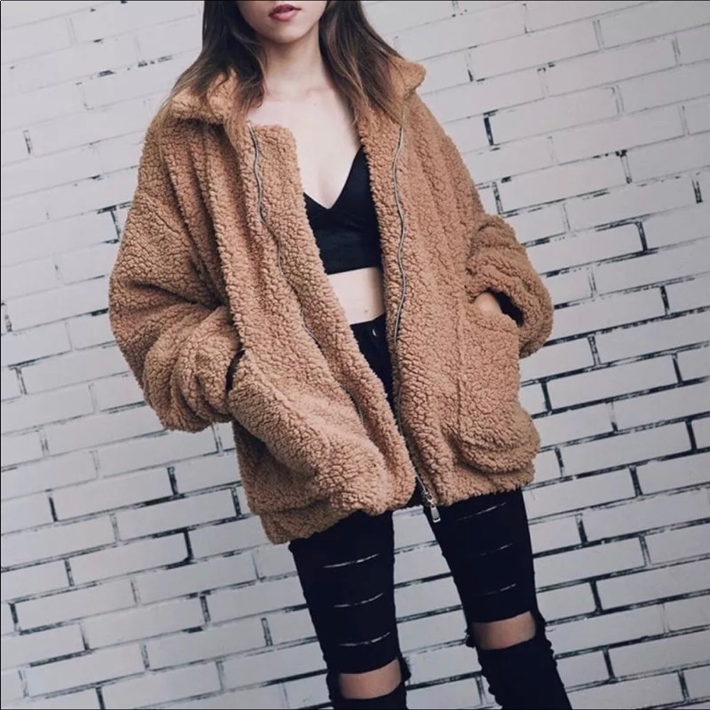🍁New🍁Camel Teddy Warm Fleece Jacket - Picture 2 of 5